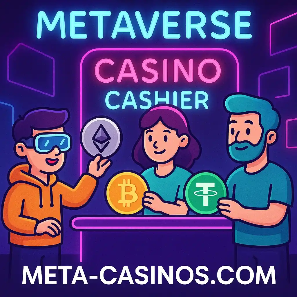 Metaverse casino cashier with avatars paying via Bitcoin, Ethereum and USDT – meta-casinos.com