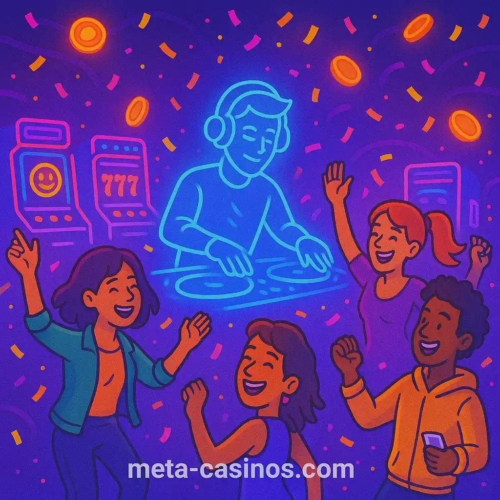 Avatars celebrating at a Metaverse casino party with confetti and neon signs – meta-casinos.com