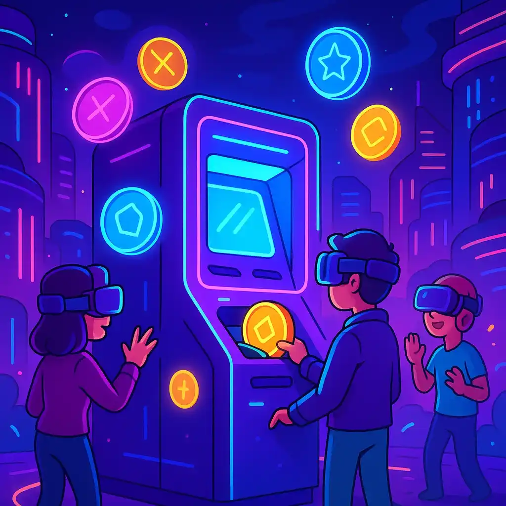 Avatars in VR headsets exploring futuristic Metaverse casino lobby with neon screens