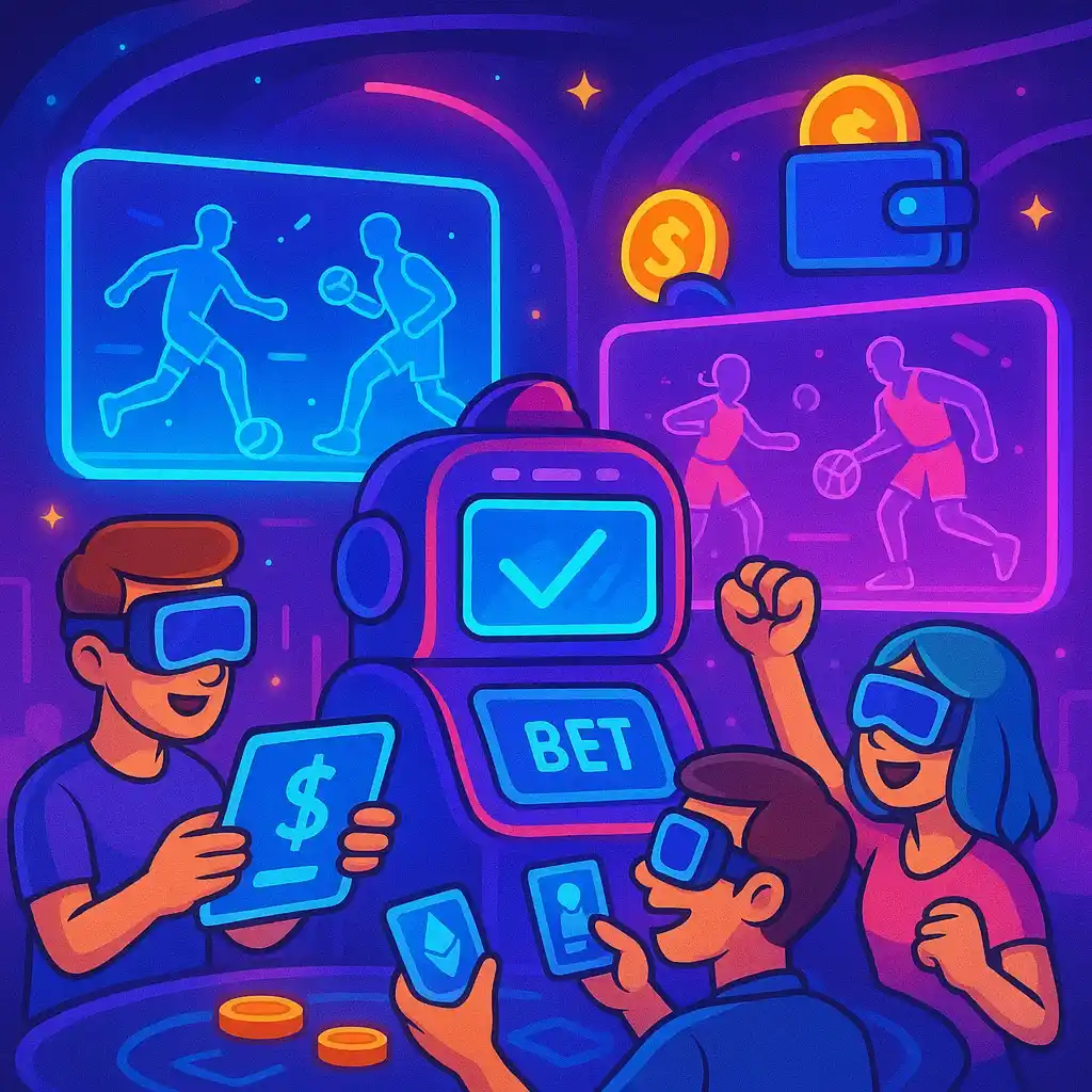 Metaverse sports betting hub with avatars placing crypto bets on holographic football