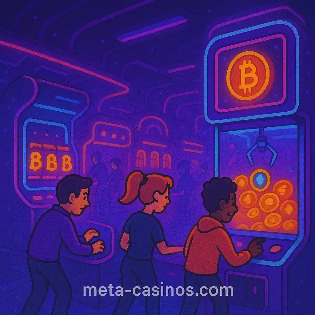 Avatars betting on glowing slot machines with Bitcoin and Ethereum symbols – meta-casinos.com
