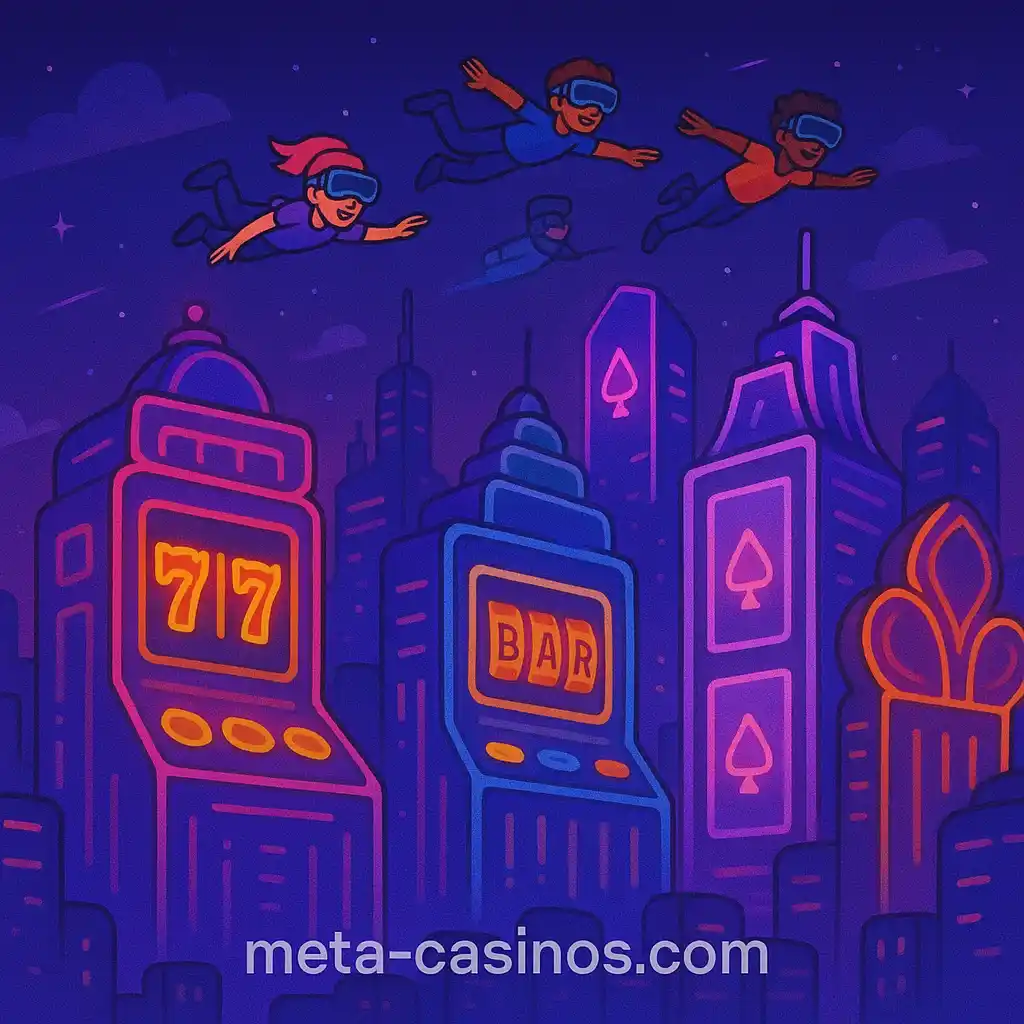 Metaverse casino skyline with neon-lit slot skyscrapers and flying avatars – meta-casinos.com