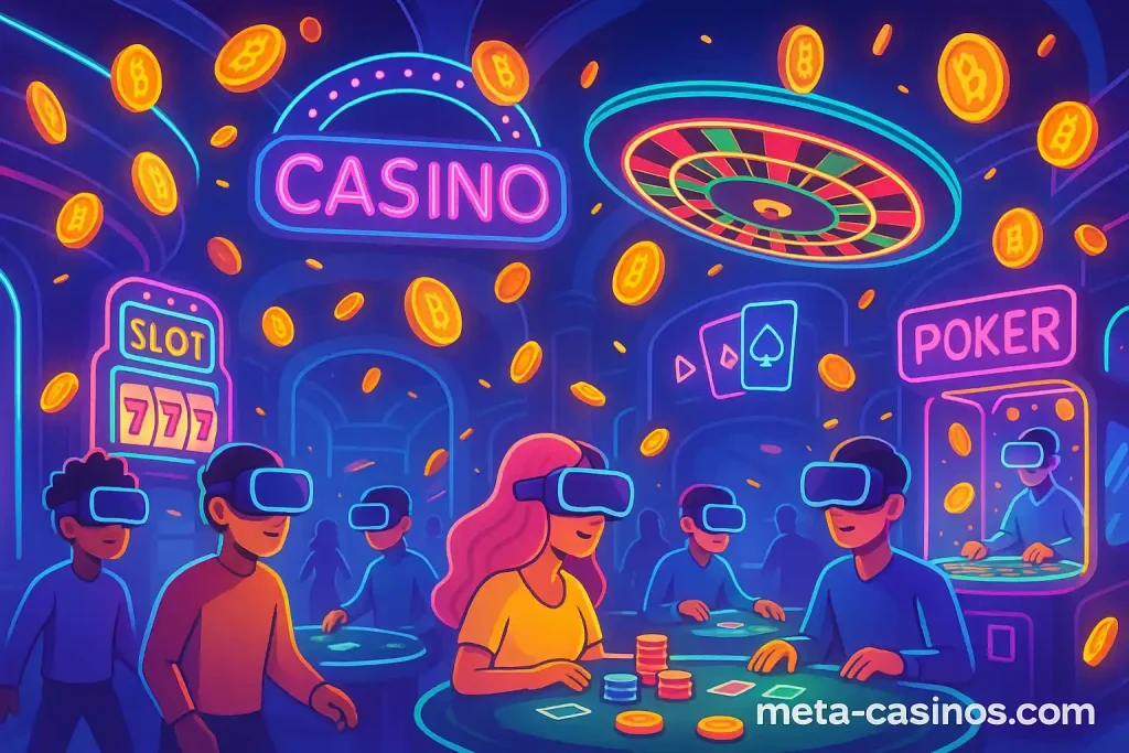 Cartoon avatars dancing at Metaverse casino party with holographic DJ and slot machines – meta-casinos.com