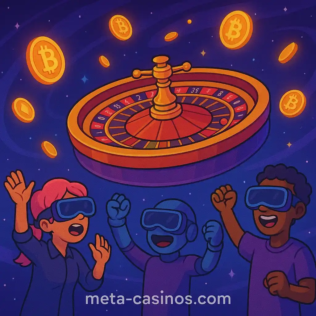 Epic futuristic roulette wheel floating in Metaverse sky with avatars riding numbers