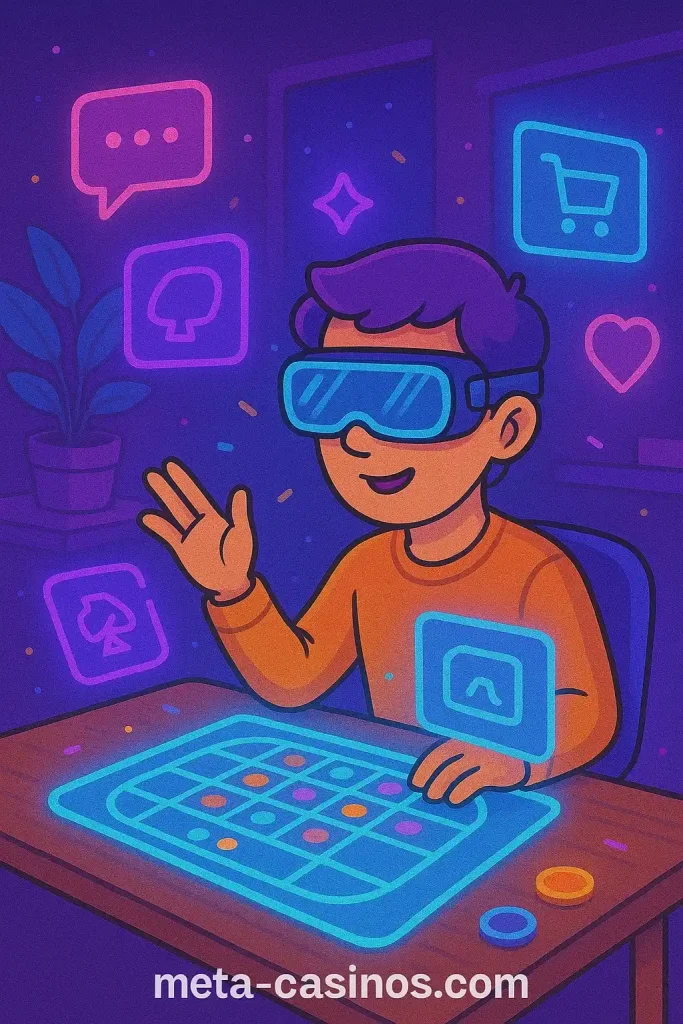 Avatar using AR holographic screen in Metaverse casino surrounded by slot reels – meta-casinos.com