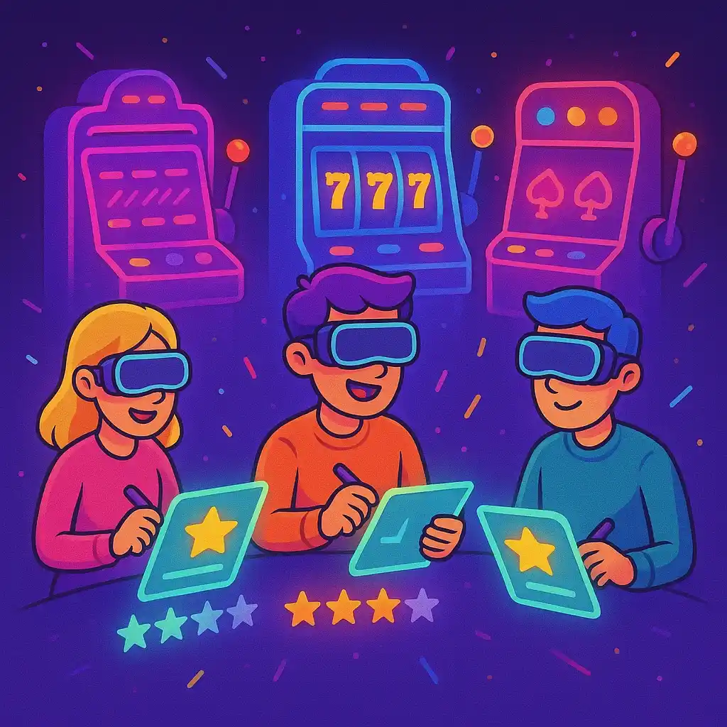Avatars writing reviews on holographic tablets in a Metaverse casino with neon slots