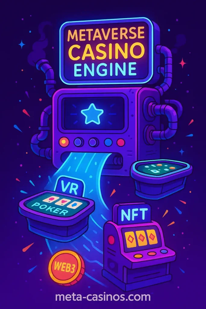 Metaverse Casino Engine glowing machine producing VR poker, NFT slots and crypto chips – meta-casinos.com
