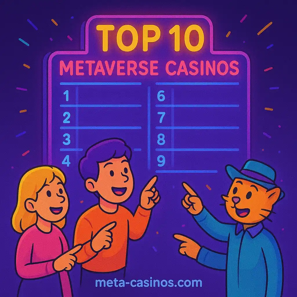 Top 10 Metaverse casinos ranking board with avatars cheering and pointing – meta-casinos.com