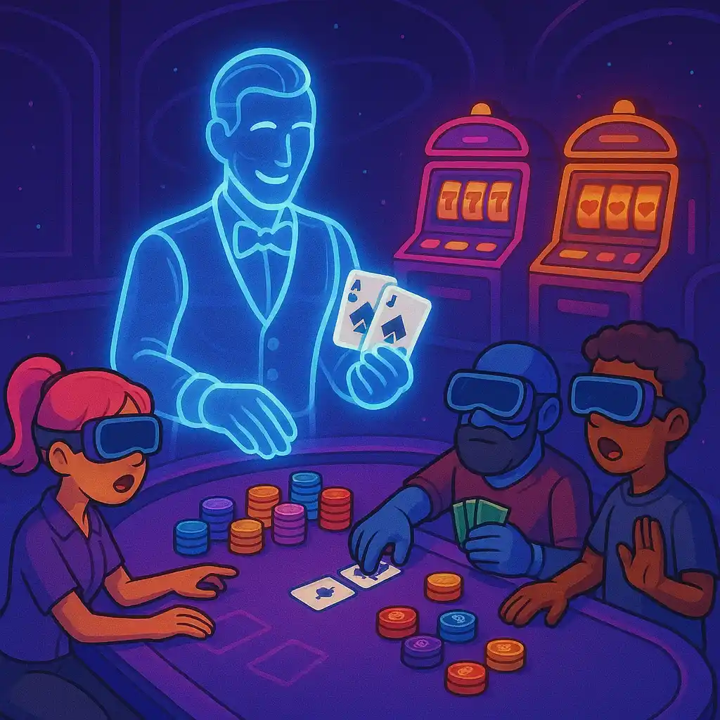 Cartoon avatars playing blackjack with holographic dealer in a Metaverse casino