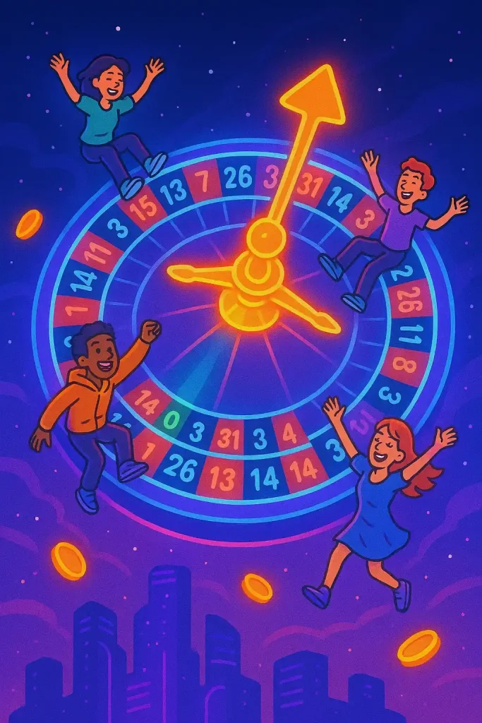 Metaverse roulette wheel glowing with avatars cheering around it in neon lights