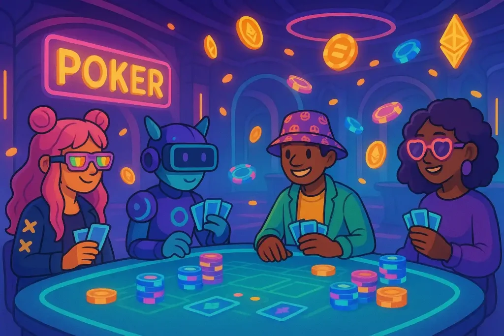 Cartoon avatars playing poker with neon planets as chips in the Metaverse