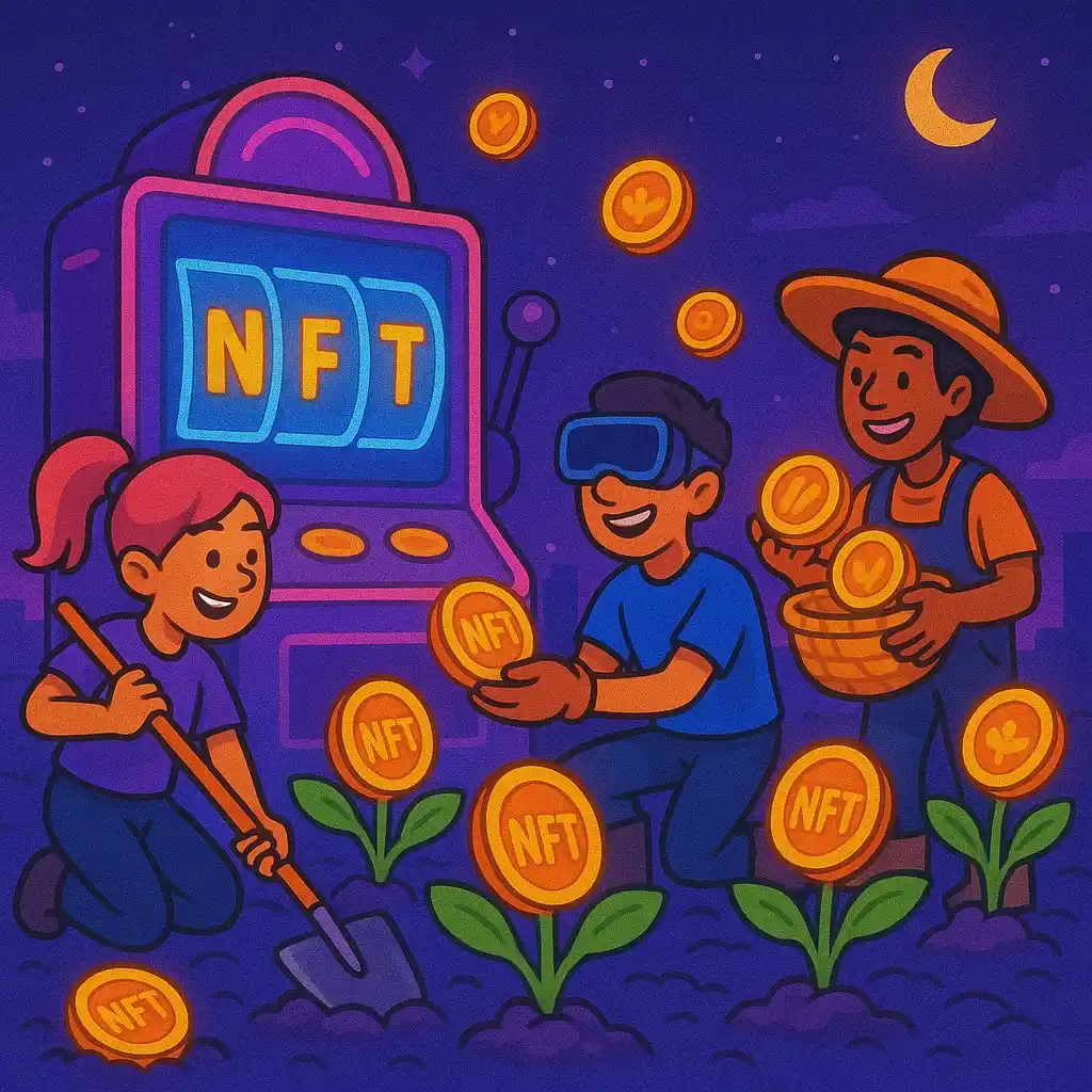 Play-to-earn Metaverse casino garden with avatars farming NFT tokens as plants