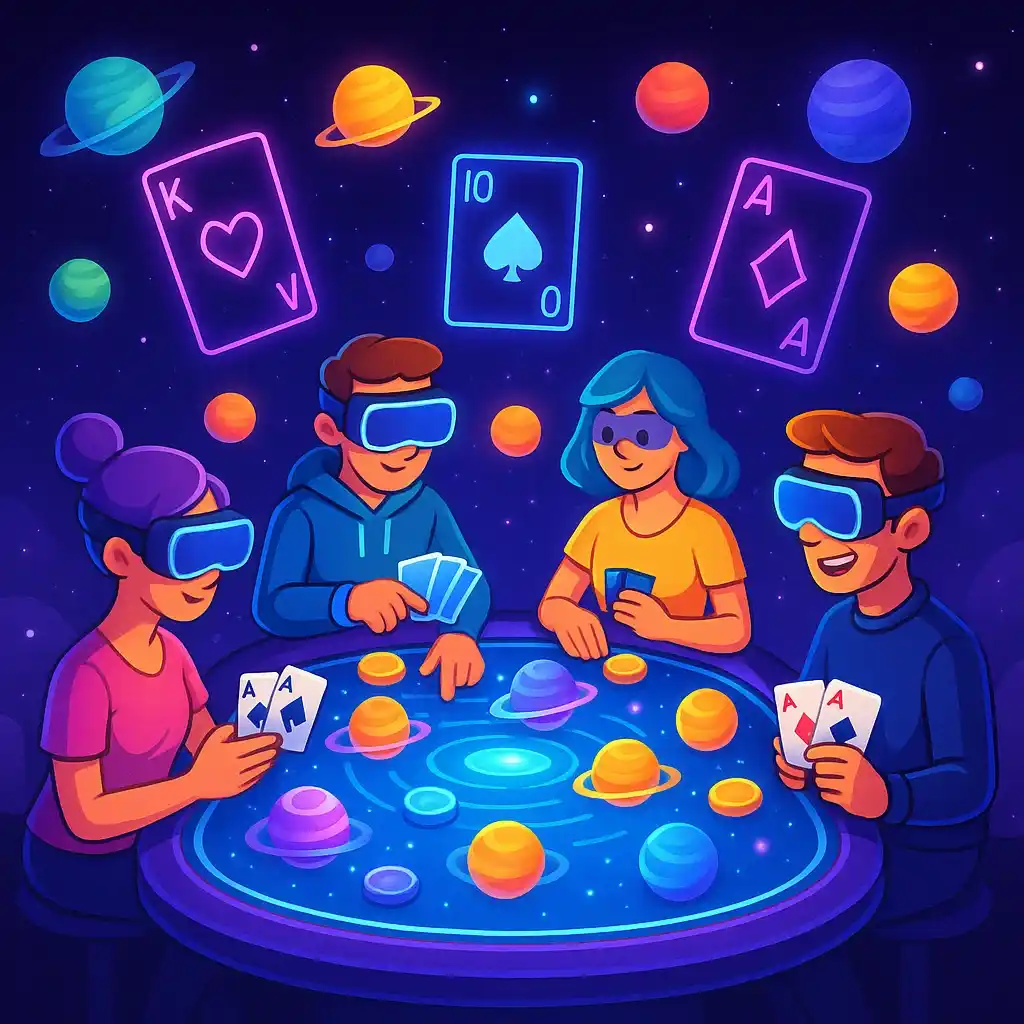 Cartoon avatars playing poker at a holographic neon table in the Metaverse