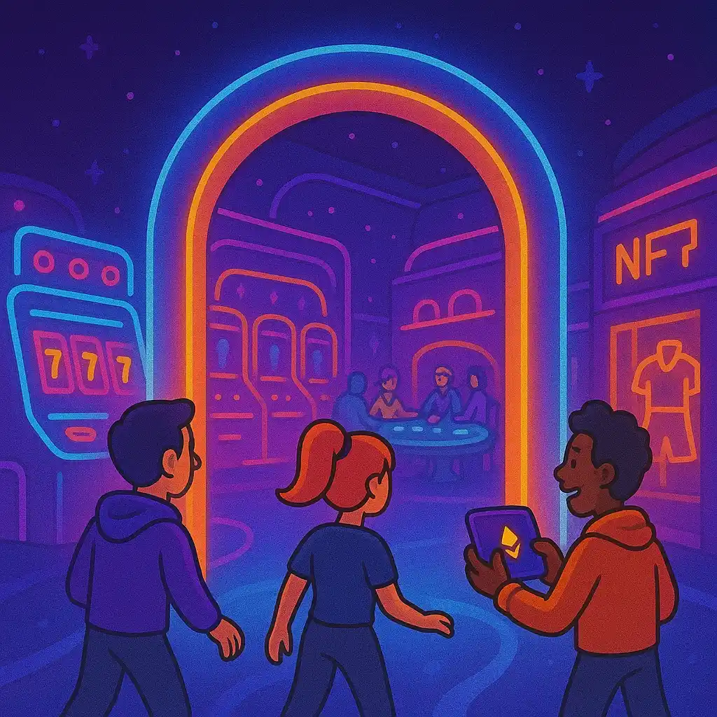 Avatars walking into a glowing Metaverse casino portal with VR and NFT shops