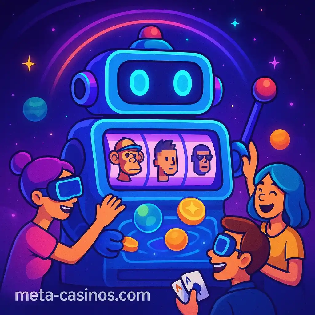 Cartoon robot slot machine with NFT faces in a Metaverse casino – meta-casinos.com