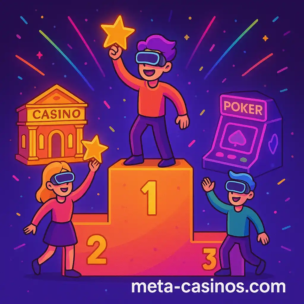 Cartoon avatars at a Metaverse casino table with glowing chips and meta-casinos.com sign