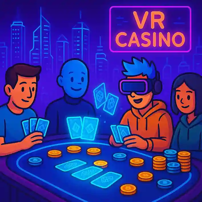 VR casino table illustration with players using virtual reality headsets and digital chips
