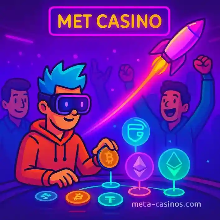 Metaverse casino scene with futuristic avatar launching crypto rocket in neon environment