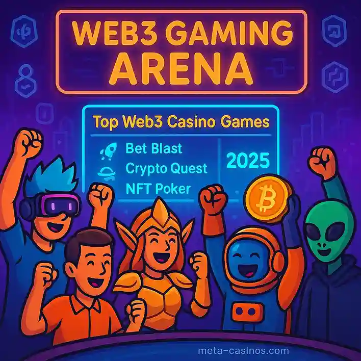 Web3 Gaming Arena illustration with players celebrating wins in a neon metaverse casino environment