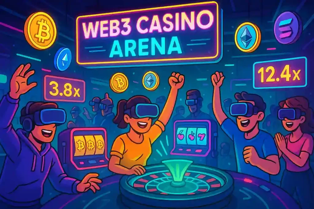 Web3 Casino Arena gameplay scene with VR players, multipliers, and digital crypto chips lighting up the table
