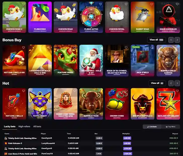 Online casino slots catalog with game icons and RTP details