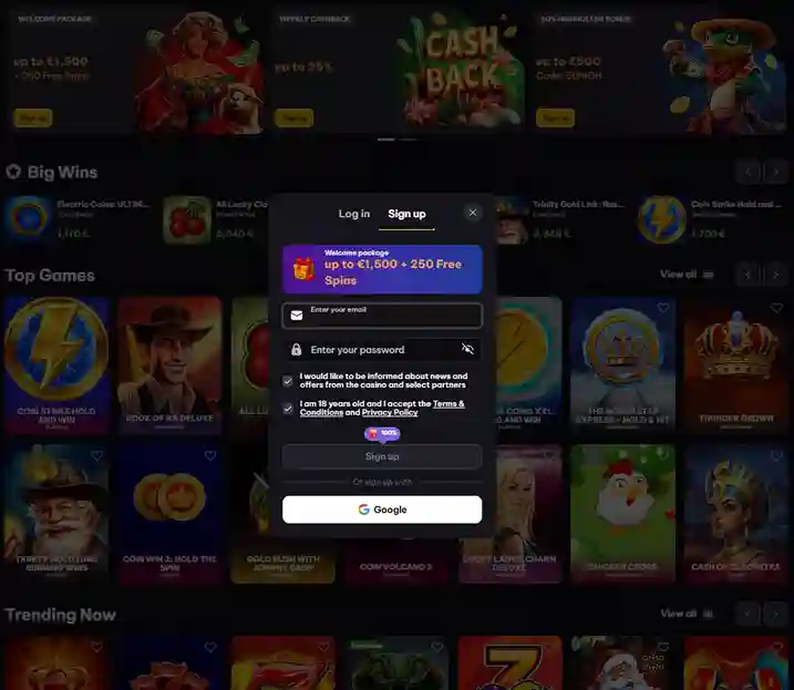 Online casino registration popup on slots lobby