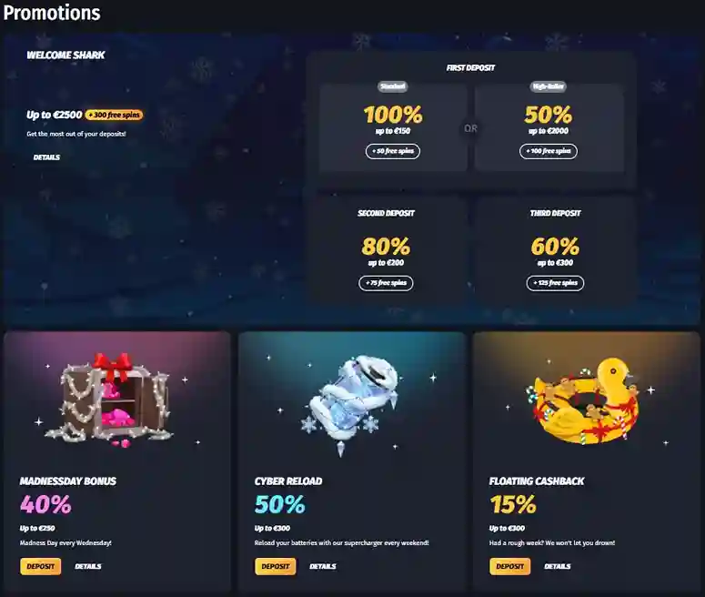 WinShark Casino promotions page showing welcome bonuses and deposit offers