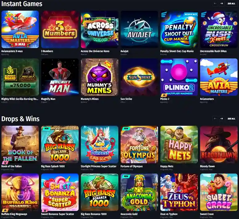 Instant and crash games at WinShark Casino including Aviator-style and fast-play titles
